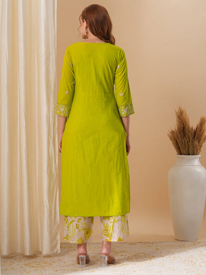 Floral Embroidered Solid Straight Fit Kurta with Printed Palazzo - Lime Green