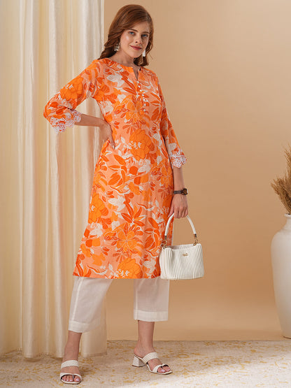 Floral Printed & Embroidered Straight Fit Kurta with Pant - Light Orange