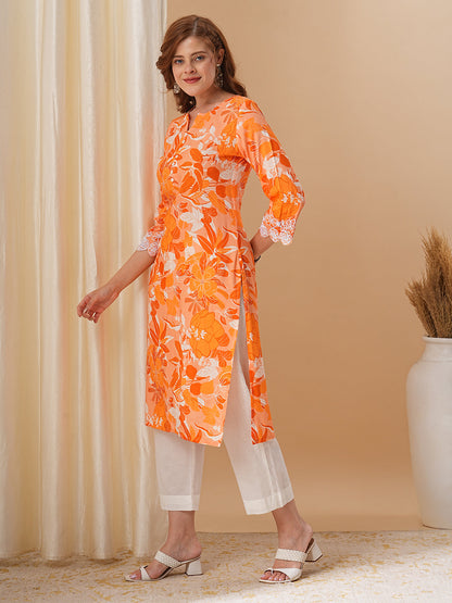 Floral Printed & Embroidered Straight Fit Kurta with Pant - Light Orange