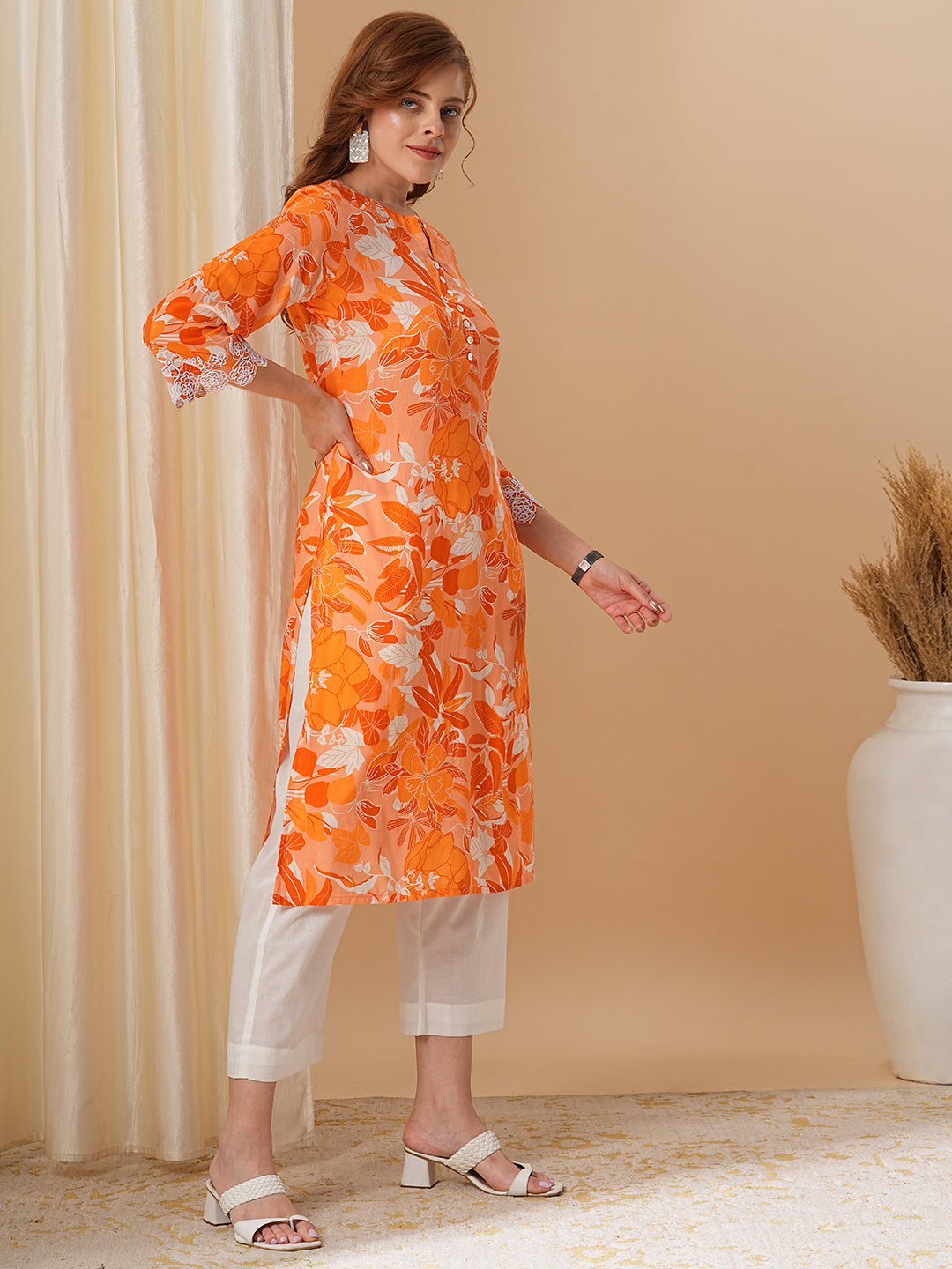 Floral Printed & Embroidered Straight Fit Kurta with Pant - Light Orange