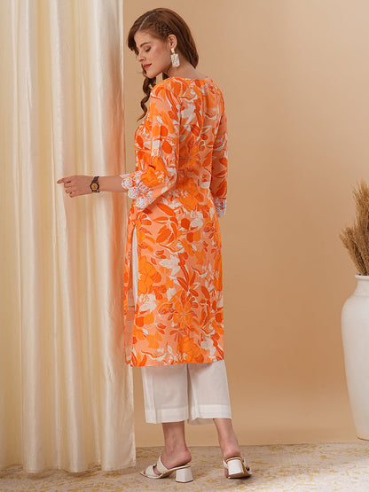 Floral Printed & Embroidered Straight Fit Kurta with Pant - Light Orange