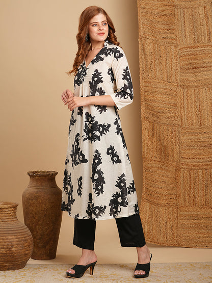 Ethnic Floral Printed A-Line Kurta with Pant - White