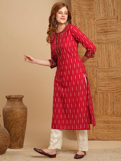 Ethnic Stripes Printed & Embroidered Straight Kurta with Schiffli Palazzo - Red