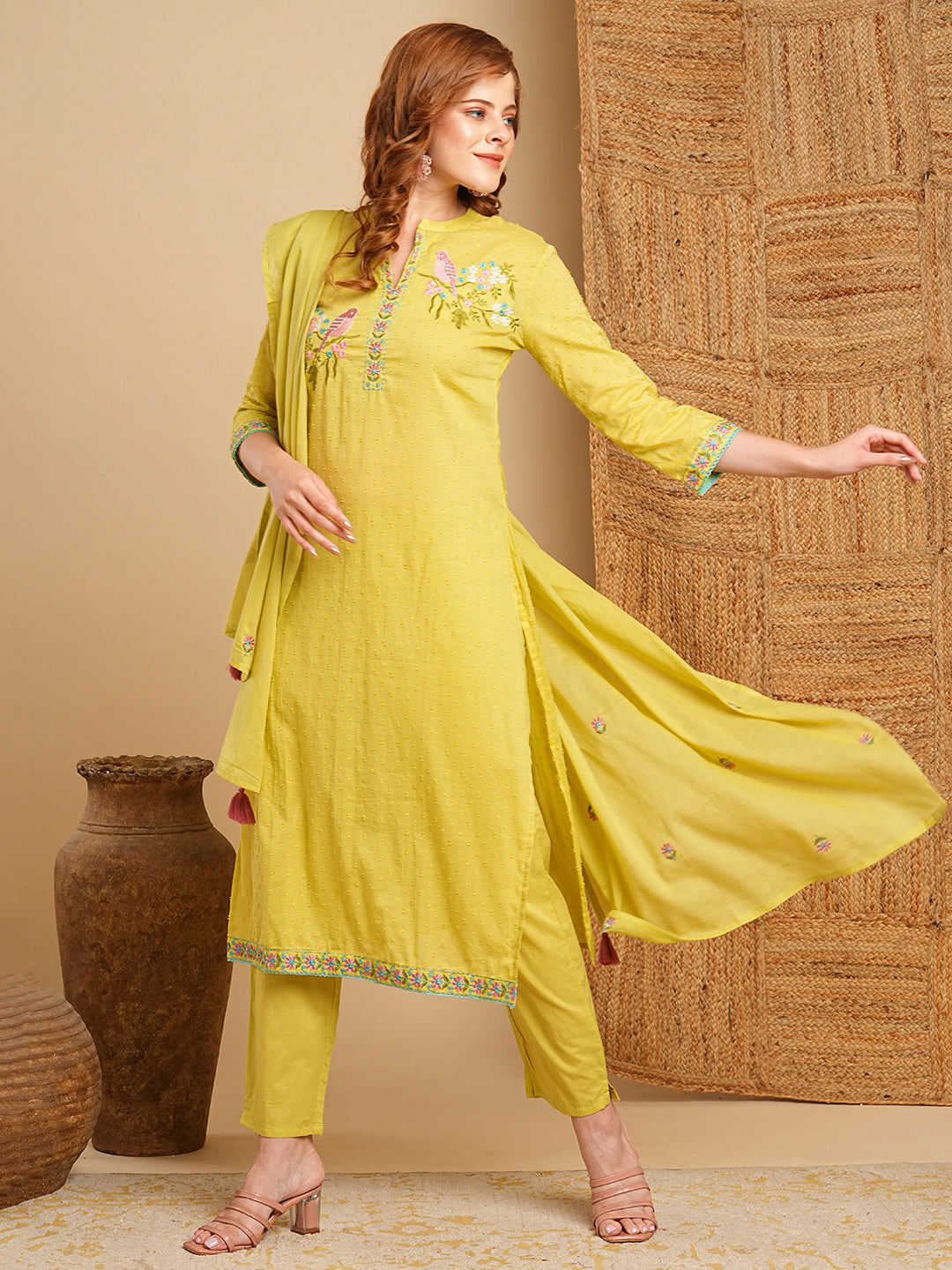 Floral Embroidered Dobby Straight Fit Kurta with Pant & Dupatta - Green