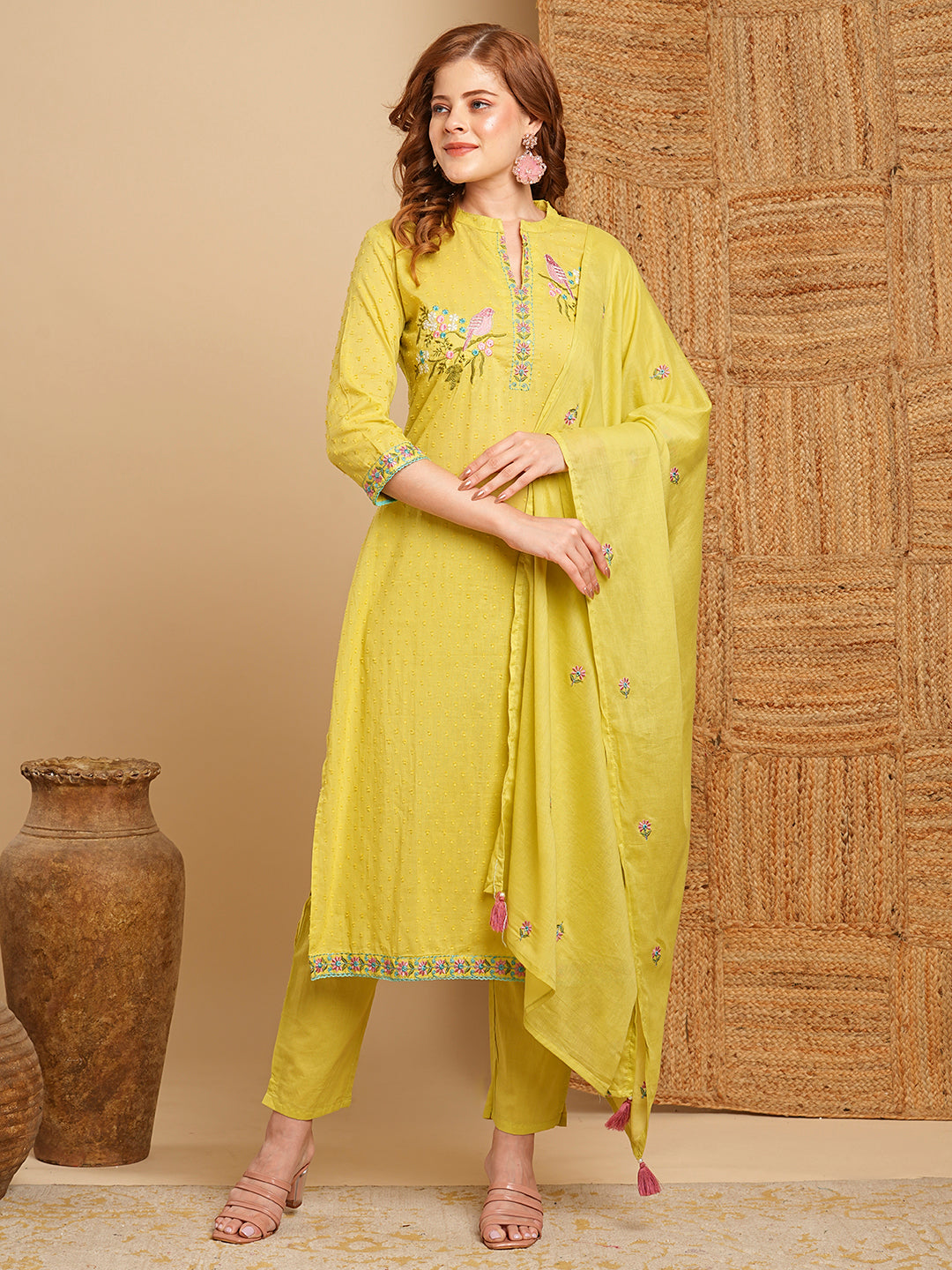 Floral Embroidered Dobby Straight Fit Kurta with Pant & Dupatta - Green