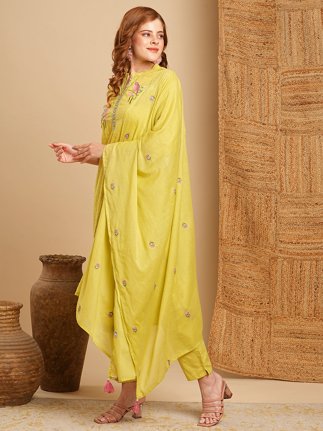 Floral Embroidered Dobby Straight Fit Kurta with Pant & Dupatta - Green