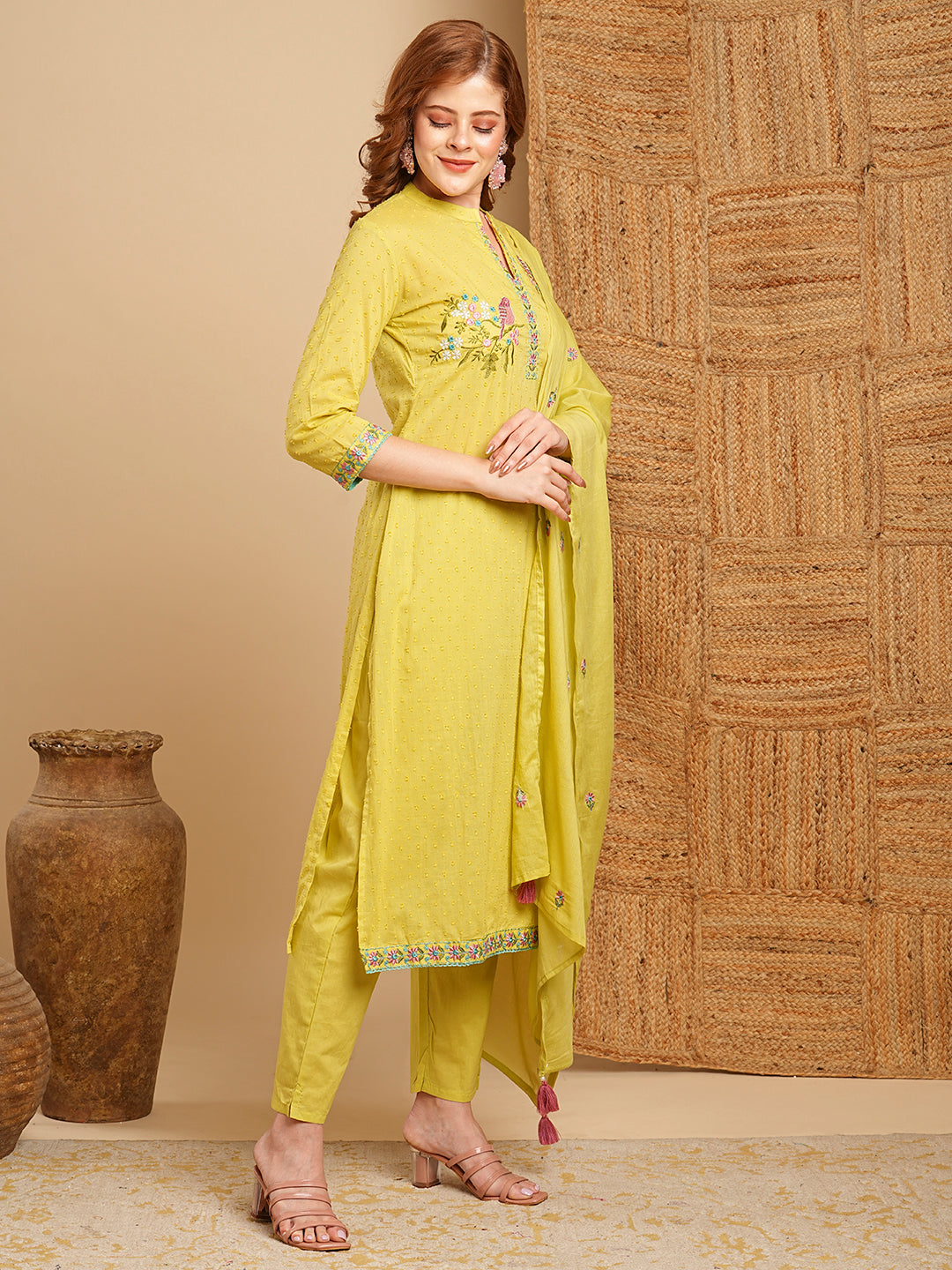 Floral Embroidered Dobby Straight Fit Kurta with Pant & Dupatta - Green