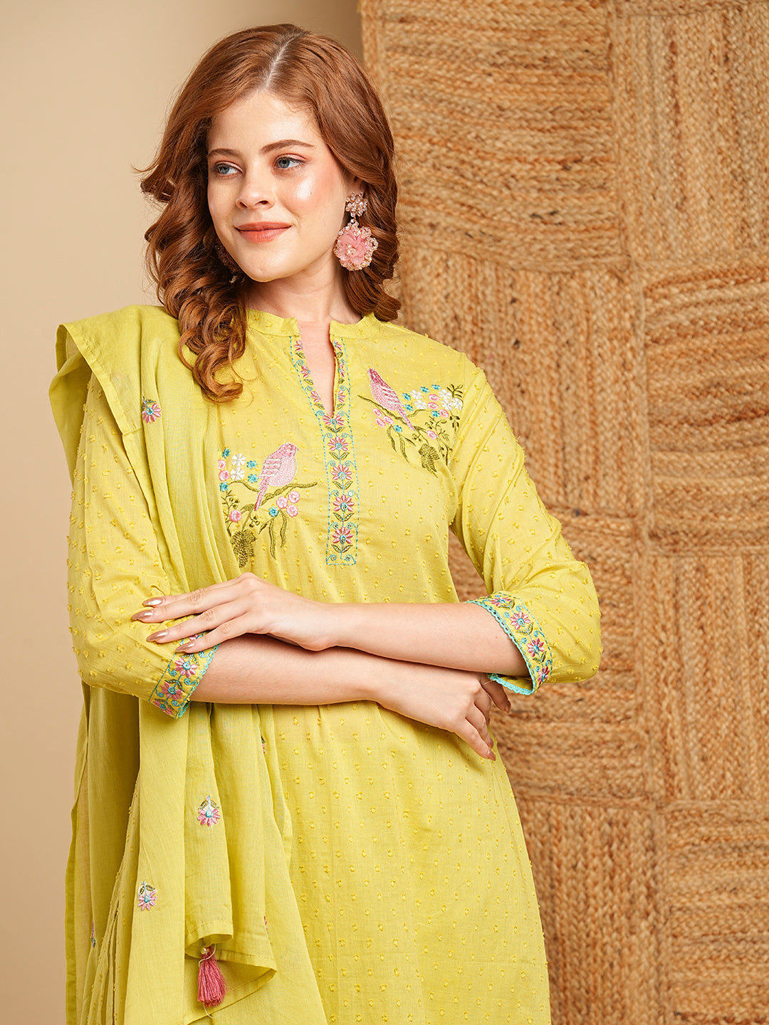 Floral Embroidered Dobby Straight Fit Kurta with Pant & Dupatta - Green