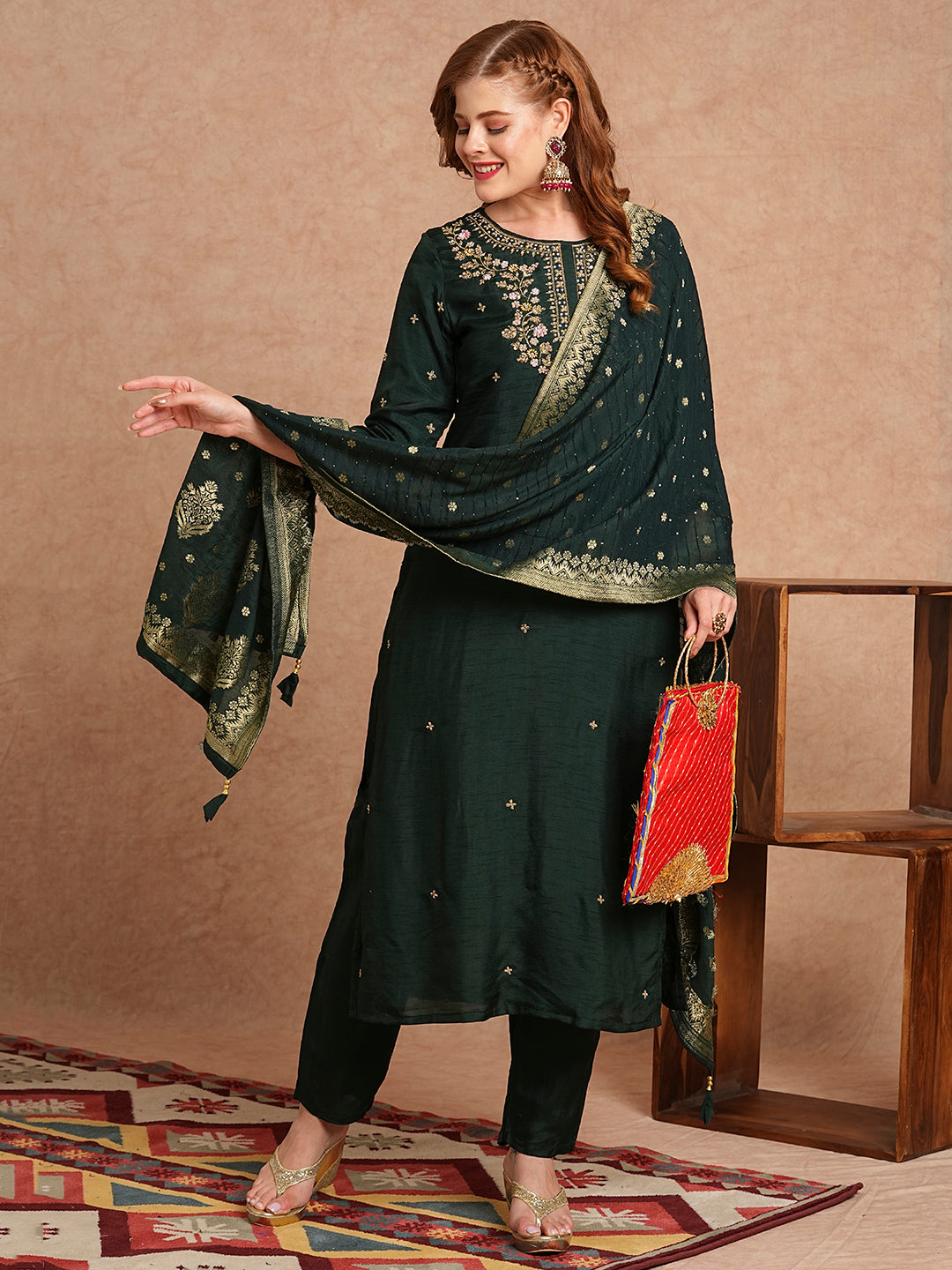 Floral Hand Embroidered Straight & Kurta with Pant & Brocade Dupatta - Green