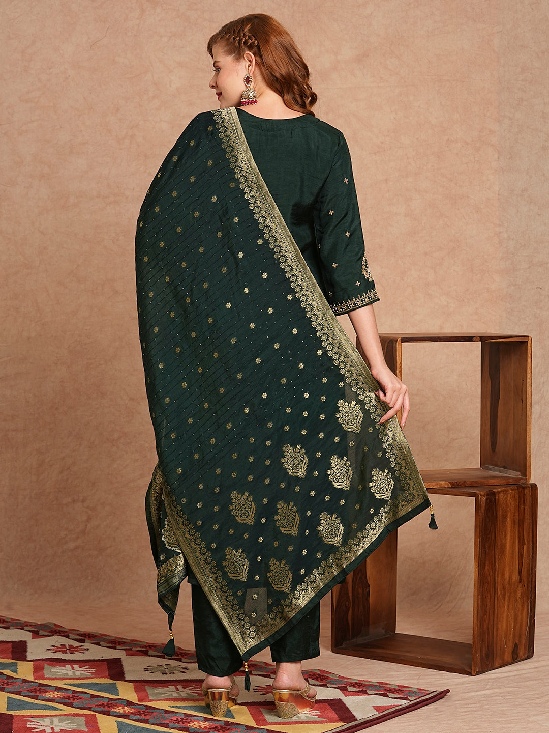 Floral Hand Embroidered Straight & Kurta with Pant & Brocade Dupatta - Green