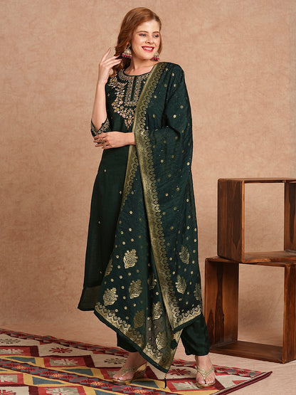 Floral Hand Embroidered Straight & Kurta with Pant & Brocade Dupatta - Green