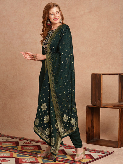 Floral Hand Embroidered Straight & Kurta with Pant & Brocade Dupatta - Green