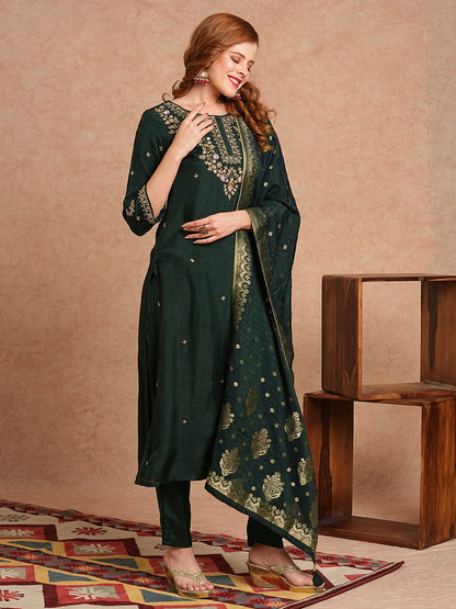 Floral Hand Embroidered Straight & Kurta with Pant & Brocade Dupatta - Green