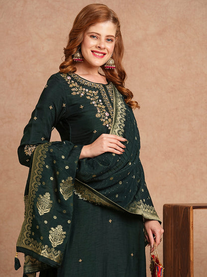 Floral Hand Embroidered Straight & Kurta with Pant & Brocade Dupatta - Green