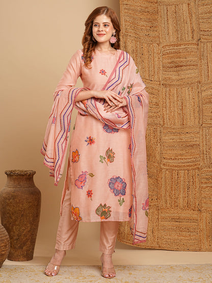 Floral Printed & Hand Embroidered Kurta with Pant & Dupatta - Peach