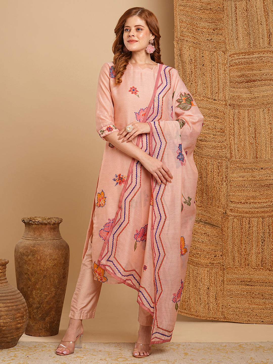 Floral Printed & Hand Embroidered Kurta with Pant & Dupatta - Peach