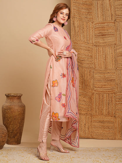 Floral Printed & Hand Embroidered Kurta with Pant & Dupatta - Peach