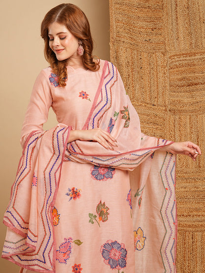 Floral Printed & Hand Embroidered Kurta with Pant & Dupatta - Peach