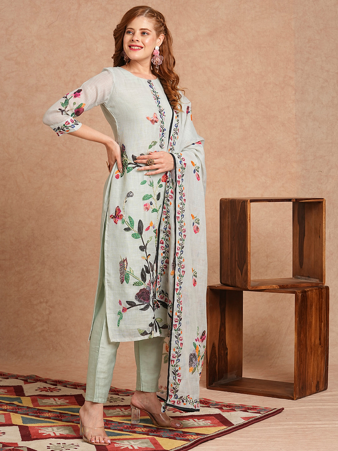 Floral Abstract Printed & Hand Embroidered Kurta with Pant & Dupatta - Mint Green