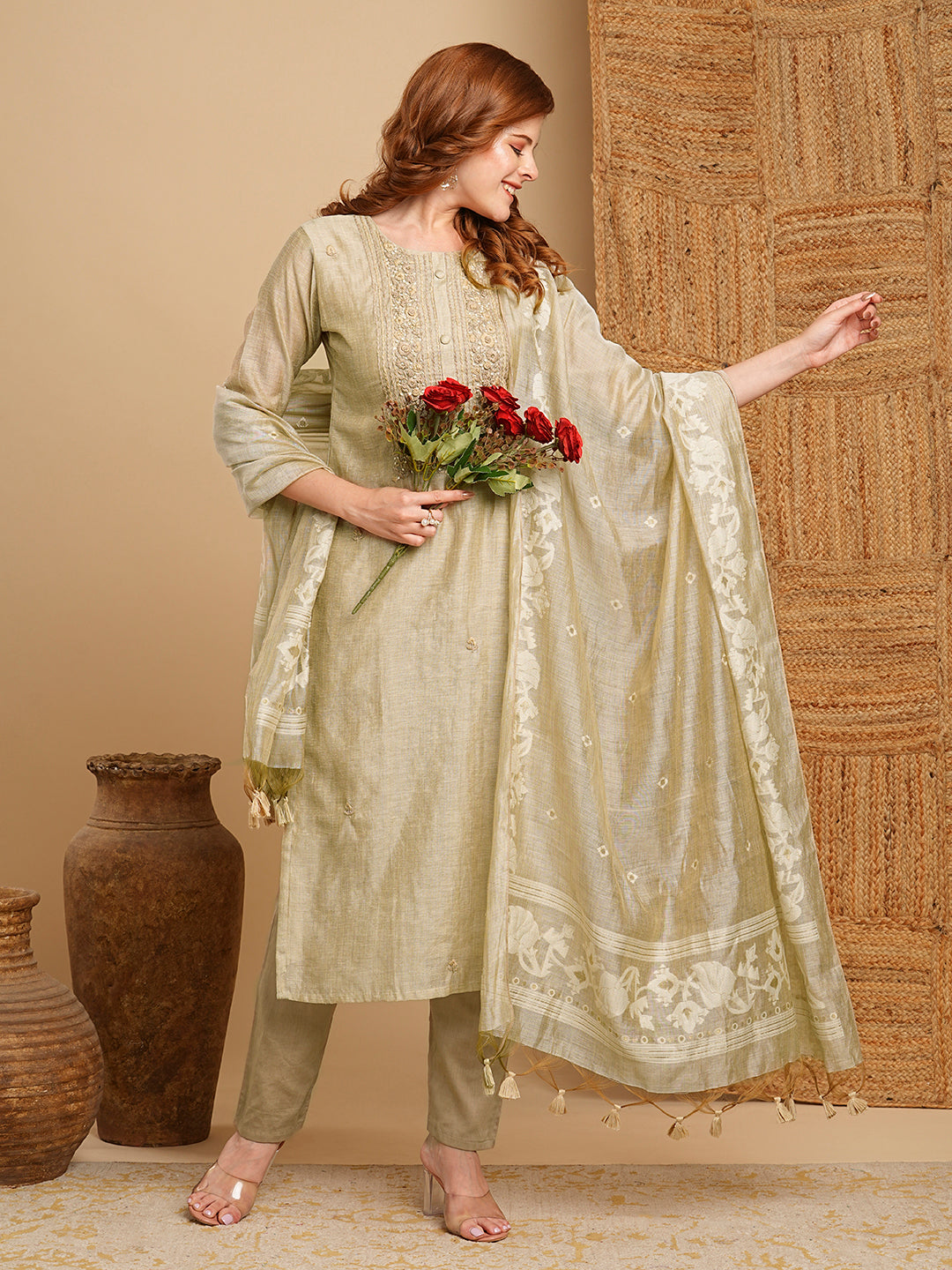 Ethnic Woven & Embroidered Straight Kurta with Pant & Dupatta - Taupe