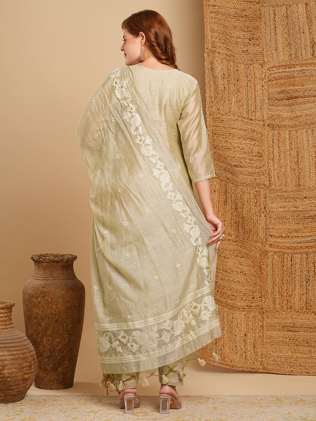 Ethnic Woven & Embroidered Straight Kurta with Pant & Dupatta - Taupe