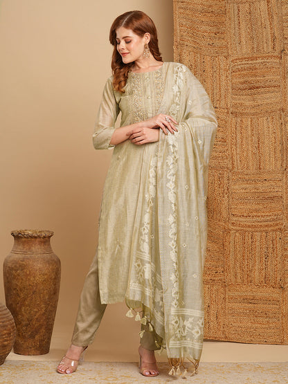 Ethnic Woven & Embroidered Straight Kurta with Pant & Dupatta - Taupe