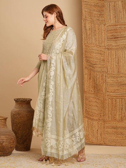 Ethnic Woven & Embroidered Straight Kurta with Pant & Dupatta - Taupe