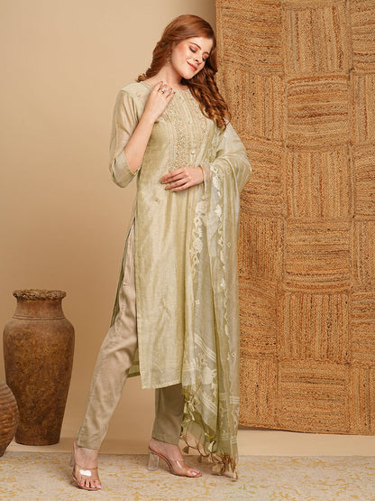 Ethnic Woven & Embroidered Straight Kurta with Pant & Dupatta - Taupe