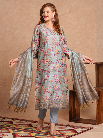 Floral Printed & Embroidered Straight Fit Kurta with Pant and Dupatta - Grey