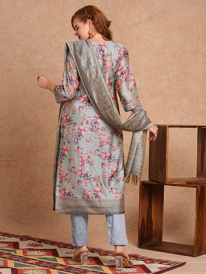 Floral Printed & Embroidered Straight Fit Kurta with Pant and Dupatta - Grey