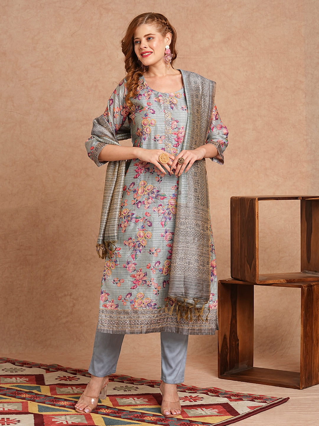 Floral Printed & Embroidered Straight Fit Kurta with Pant and Dupatta - Grey