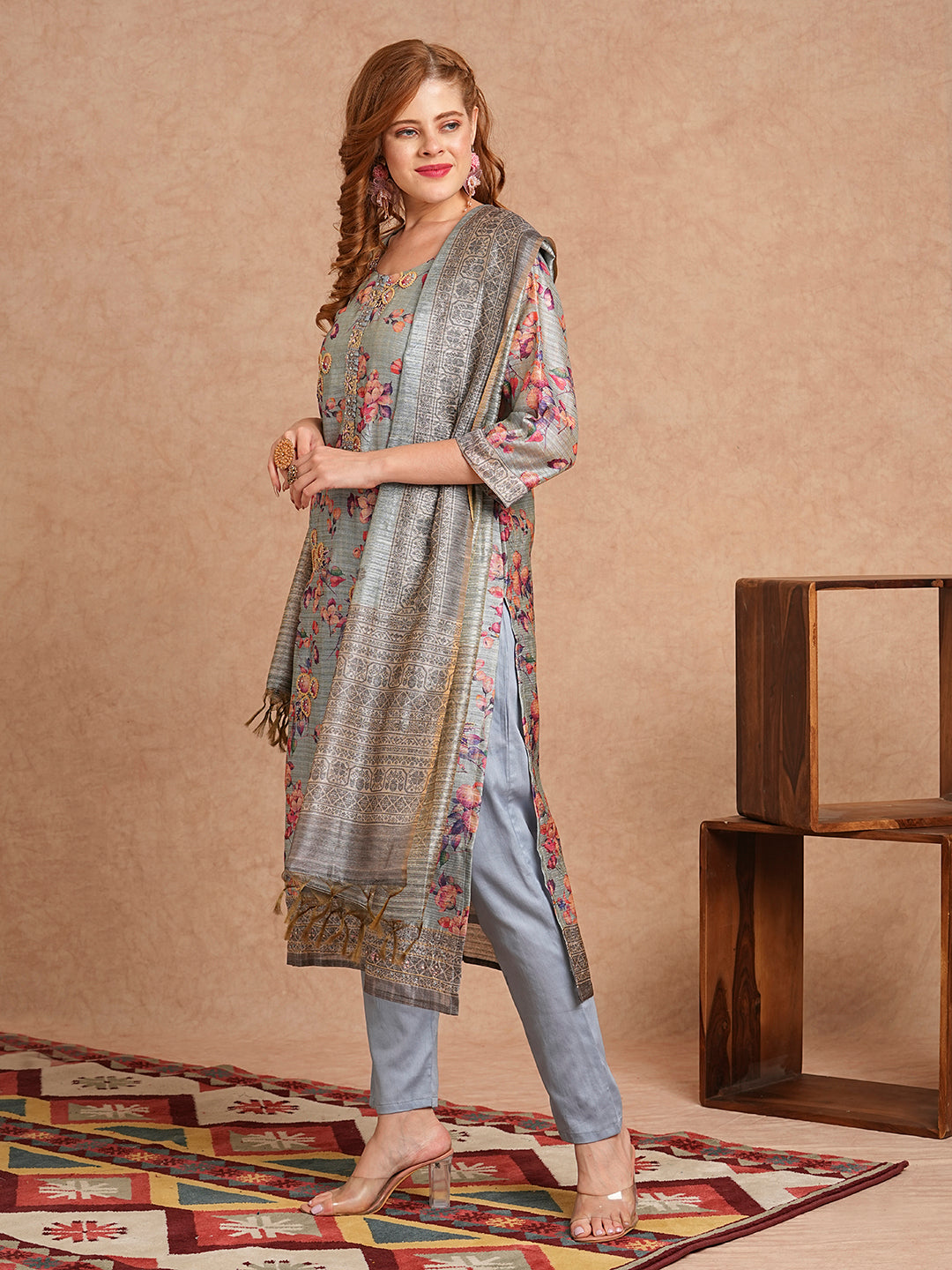 Floral Printed & Embroidered Straight Fit Kurta with Pant and Dupatta - Grey