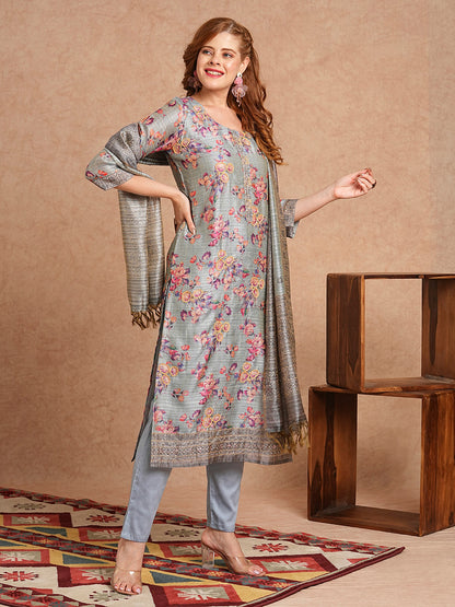 Floral Printed & Embroidered Straight Fit Kurta with Pant and Dupatta - Grey