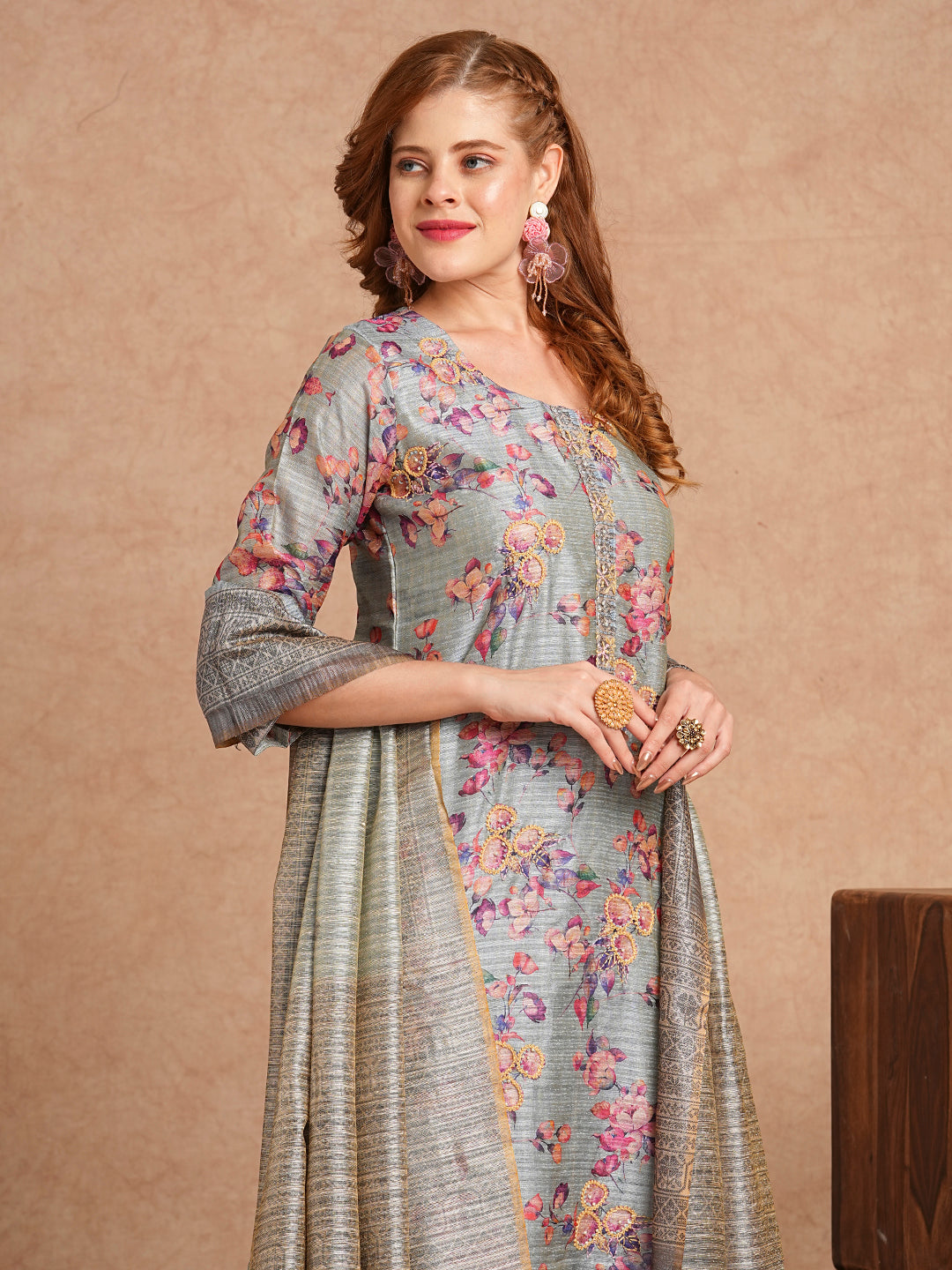 Floral Printed & Embroidered Straight Fit Kurta with Pant and Dupatta - Grey