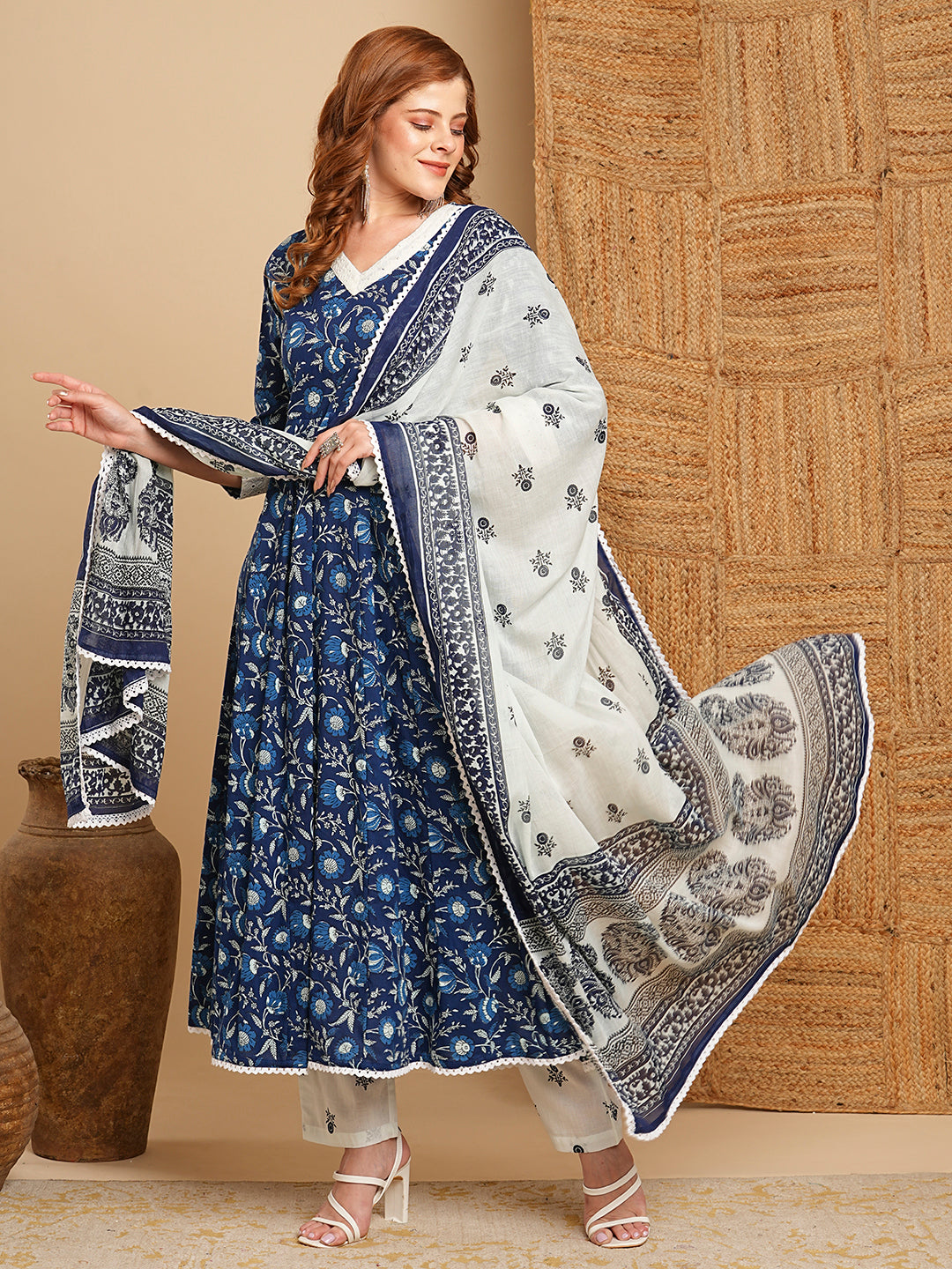 Floral Printed & Anarkali with Pant & Pure Cotton Dupatta - Blue