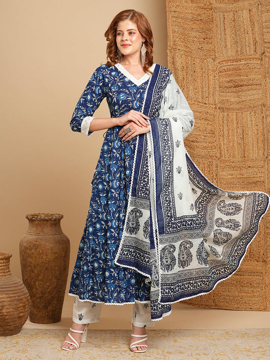 Floral Printed & Anarkali with Pant & Pure Cotton Dupatta - Blue