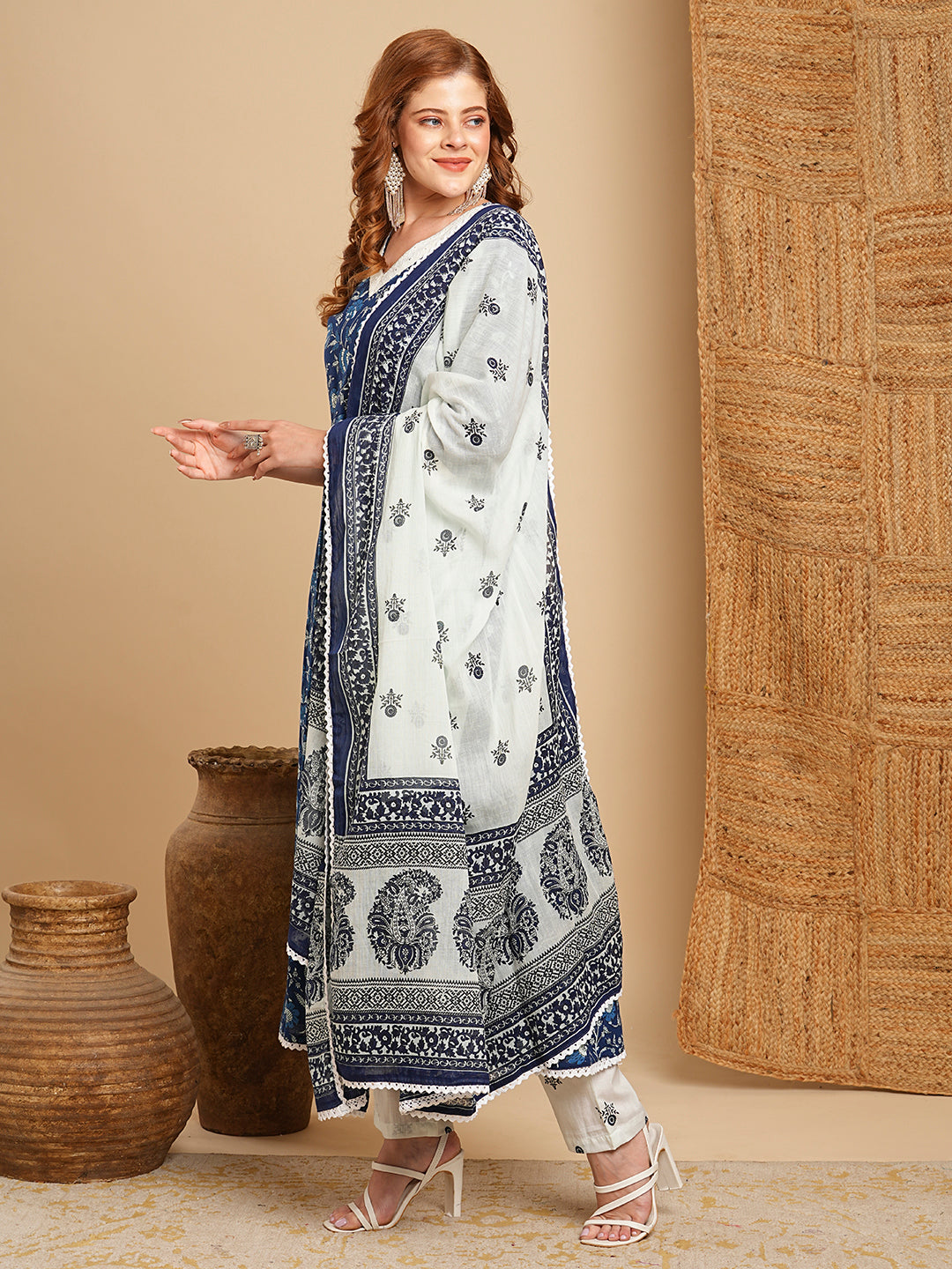 Floral Printed & Anarkali with Pant & Pure Cotton Dupatta - Blue