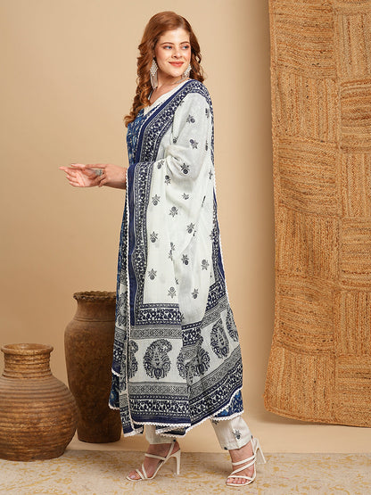 Floral Printed & Anarkali with Pant & Pure Cotton Dupatta - Blue