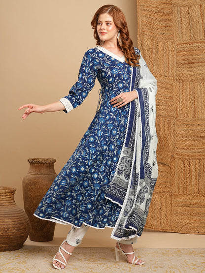 Floral Printed & Anarkali with Pant & Pure Cotton Dupatta - Blue