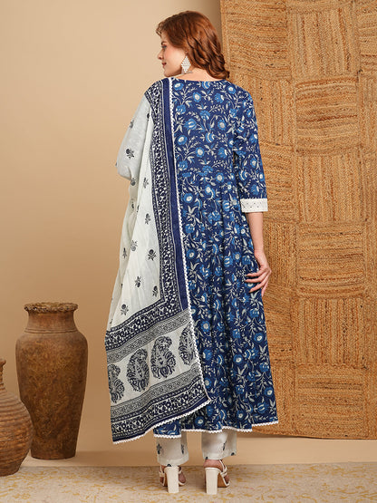 Floral Printed & Anarkali with Pant & Pure Cotton Dupatta - Blue