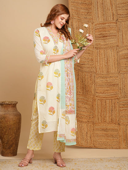 Floral Block Printed & Embroidered Kurta with Pant & Pure Cotton Dupatta - Off White