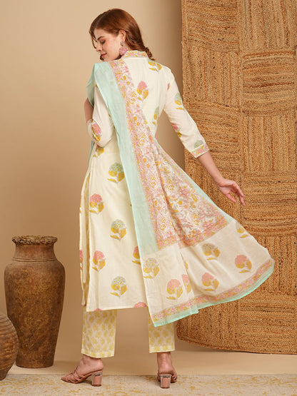 Floral Block Printed & Embroidered Kurta with Pant & Pure Cotton Dupatta - Off White