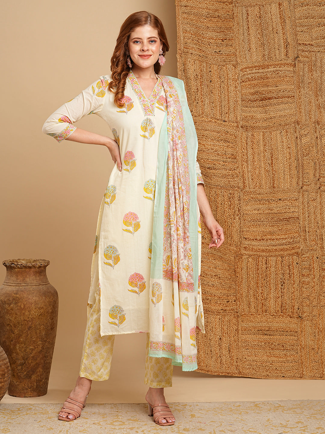 Floral Block Printed & Embroidered Kurta with Pant & Pure Cotton Dupatta - Off White