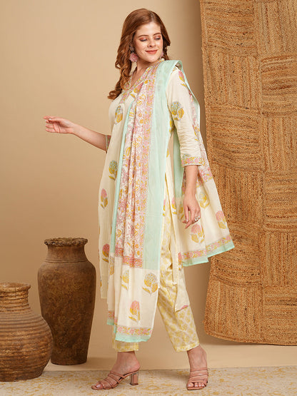 Floral Block Printed & Embroidered Kurta with Pant & Pure Cotton Dupatta - Off White