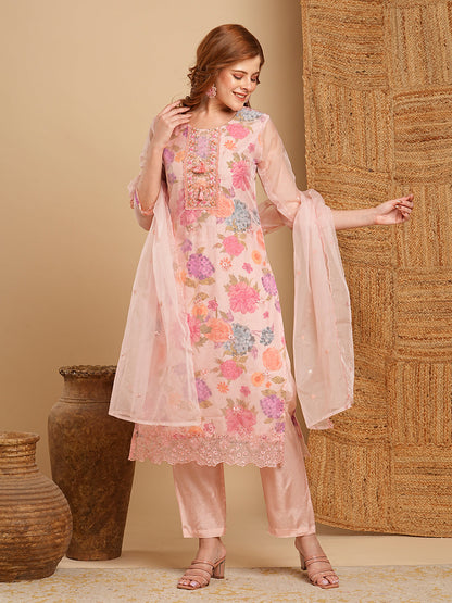 Floral Printed & Embroidered Straight Kurta with Pant & Organza Dupatta - Pink