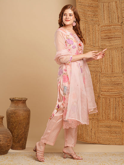 Floral Printed & Embroidered Straight Kurta with Pant & Organza Dupatta - Pink