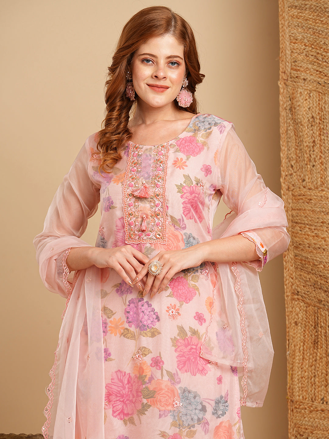 Floral Printed & Embroidered Straight Kurta with Pant & Organza Dupatta - Pink