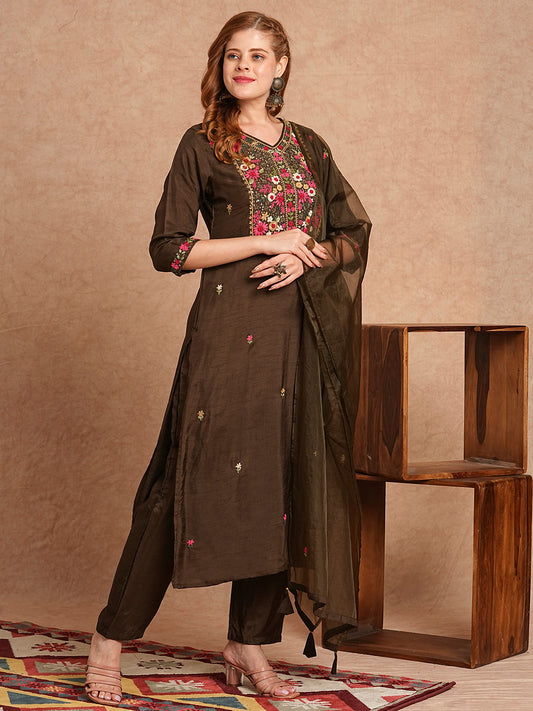 Floral Hand Embroidered Straight Fit Kurta with Pant & Dupatta - Olive