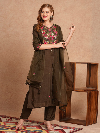 Floral Hand Embroidered Straight Fit Kurta with Pant & Dupatta - Olive