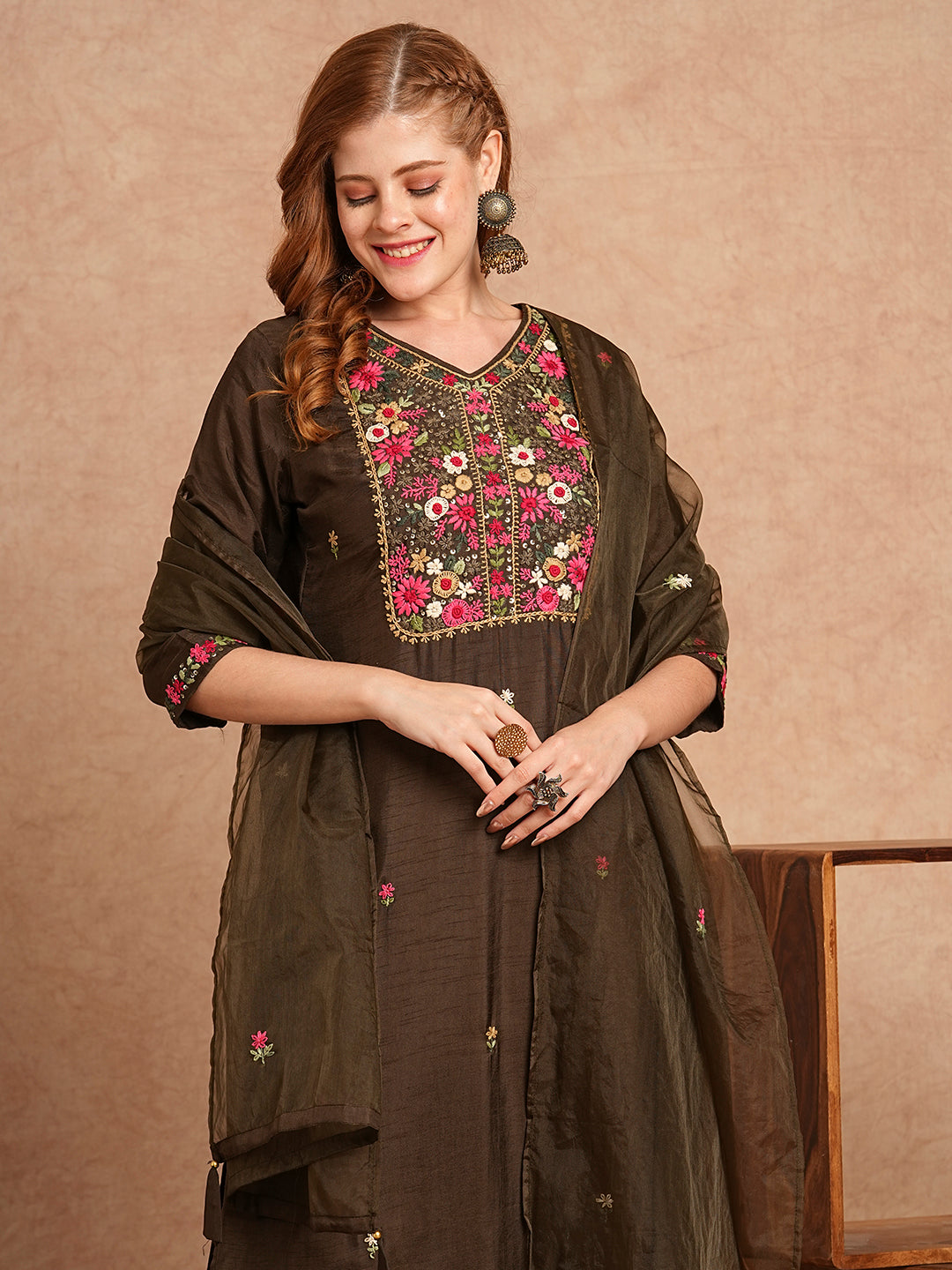 Floral Hand Embroidered Straight Fit Kurta with Pant & Dupatta - Olive